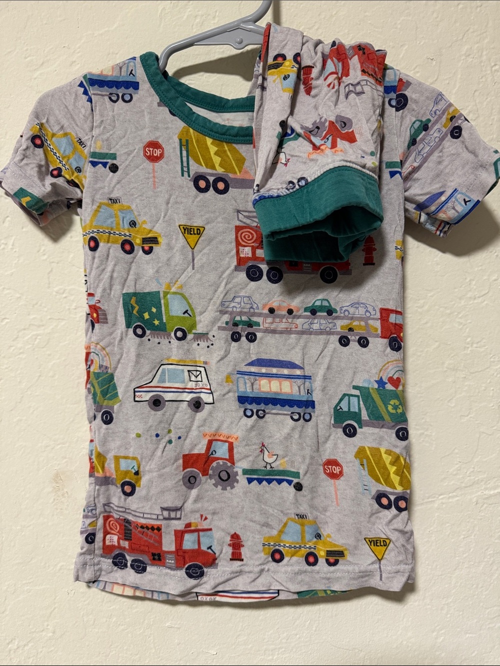 Little Sleepies Gray Short Sleeve Pajama Tee with Multicolor Vehicle Print